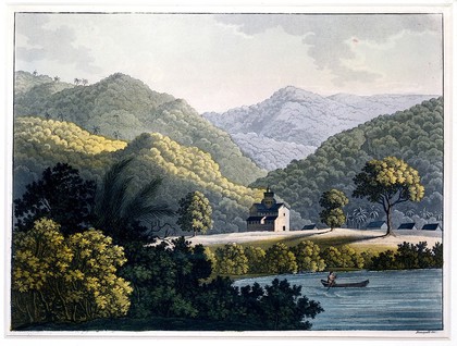 São Fidélis, Brazil: the mission church with houses on the Rio Paraíba, with wooded mountains behind. Coloured aquatint by P. Fumagalli, ca. 1821, after M. Wied-Neuwied.