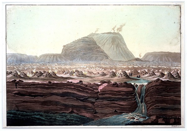 The Jorullo volcano, Mexico. Coloured aquatint by P. Fumagalli, ca. 1820.