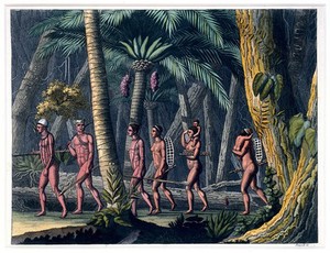 view Puri Indians by the Paraiba river, Brazil. Coloured aquatint by P. Fumagalli, ca. 1821, after M. Zu Wied-Neuwied.