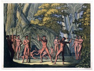 view Botocudo people, Brazil, settling a dispute by combat with batons. Coloured aquatint by P. Fumagalli, ca. 1821, after M. Wied-Neuwied.