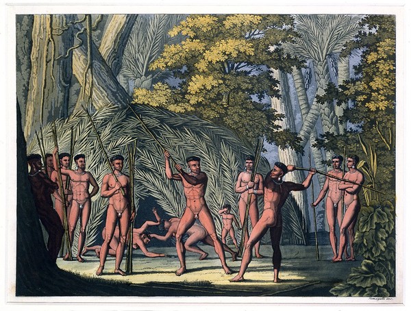 Botocudo people, Brazil, settling a dispute by combat with batons. Coloured aquatint by P. Fumagalli, ca. 1821, after M. Wied-Neuwied.