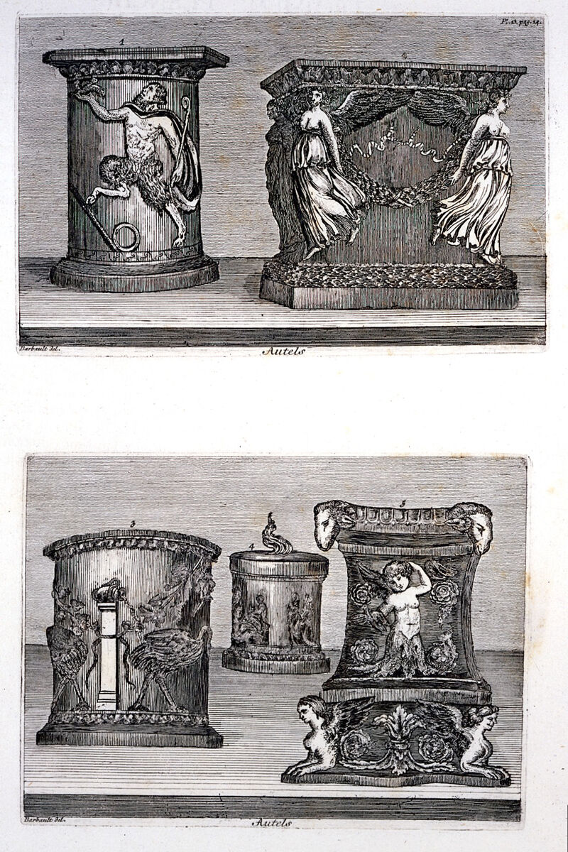 Five ancient Roman altars. Etching after J. Barbault., [between 1760 and 1769?], by Jean Barbault