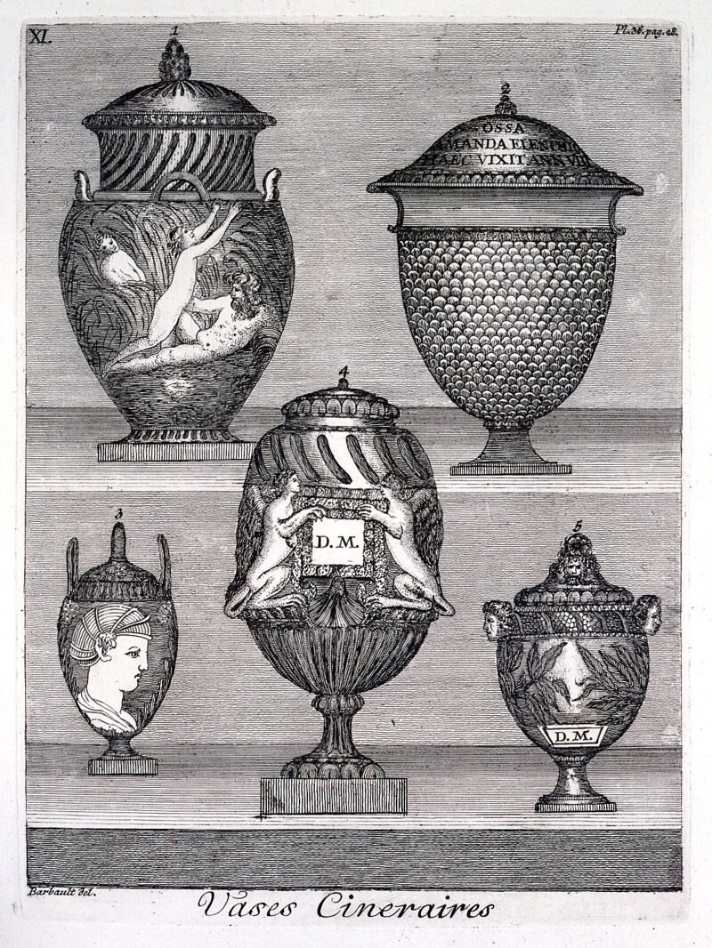 Five cremation urns. Etching after J. Barbault., [between 1760 and 1769?], by Jean Barbault