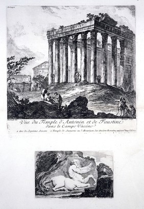 The temple of Antoninus and Faustina, Rome. Etching by D. Montaigu after J. Barbault.