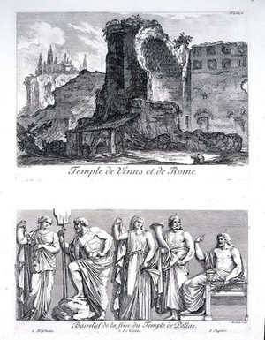 view A bas relief of Neptune, Jupiter, and three other figures, on the temple of Minerva Pallas. Etching by J. Barbault.