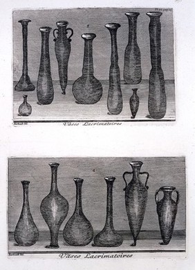 Lachrymatory vessels. Etching after J. Barbault.