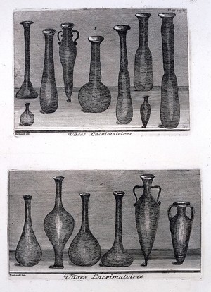 view Lachrymatory vessels. Etching after J. Barbault.