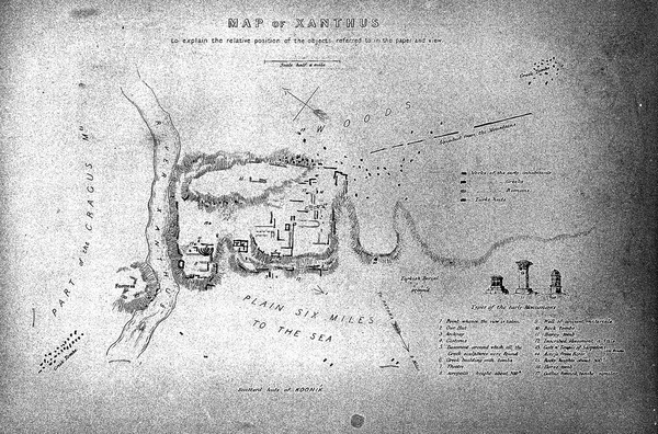 Map of Xanthus with coloured keys to show origins of various ruins.