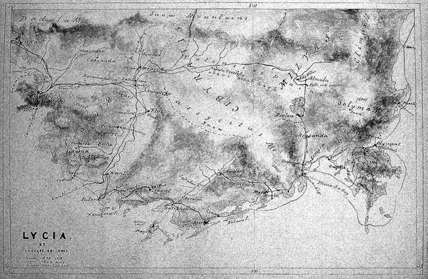 Map of Lycia by Charles Fellows with coloured annotations showing route taken.