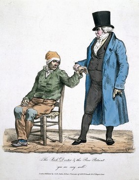 A rich physician feels the pulse of a poor, sick patient; he tells him he is fine. Coloured stipple engraving by J.J. after E.J. Pigal, c. 1840.