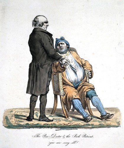 A poor doctor takes the pulse of a rich, corpulent patient and announces that he is very ill. Coloured stipple engraving by J.J. after E.J. Pigal, c. 1840.