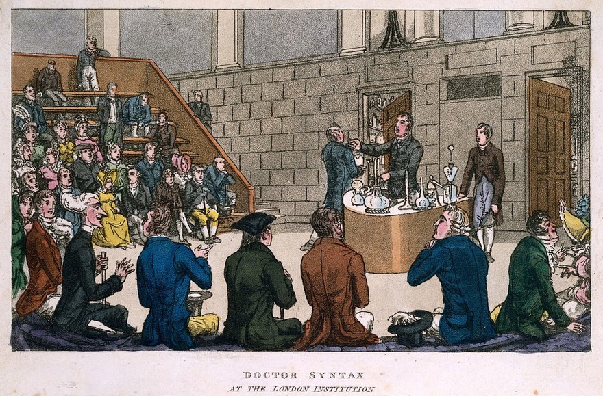 Doctor Syntax attending a scientific demonstration at the Royal Institution, London. Coloured aquatint by T. Rowlandson after W. Combe.