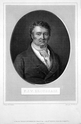 François Joseph Victor Broussais. Line engraving by H. Bonvoisin, 1826, after C. Duchesne.