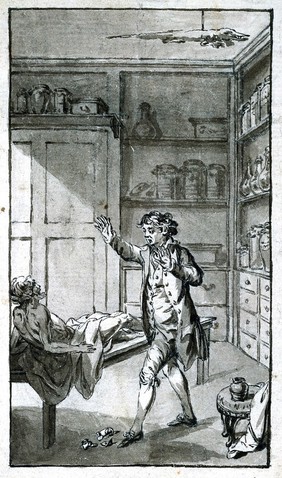 A man thought to be dead arising from a table in a laboratory and frightening the proprietor. Drawing.