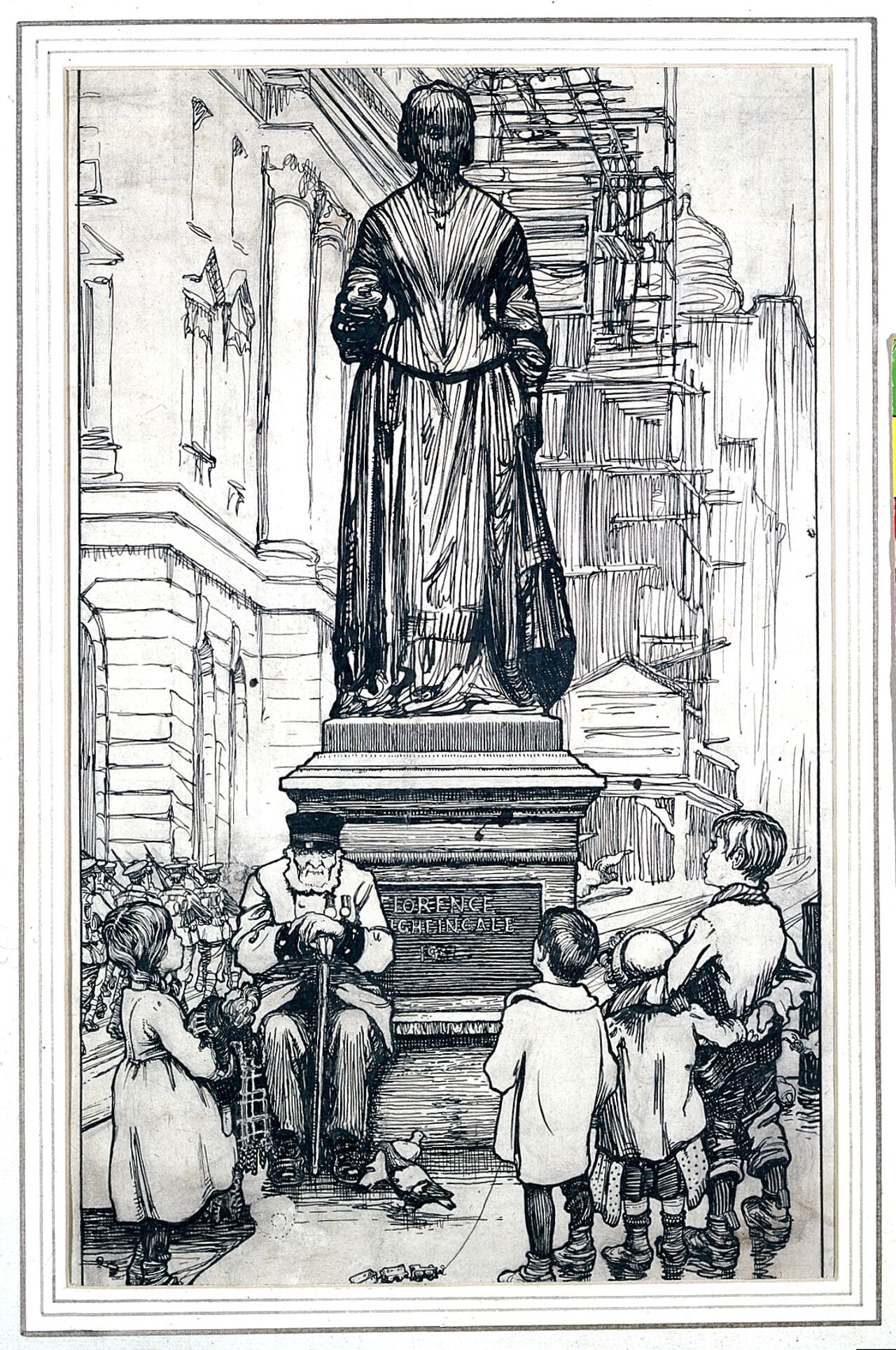 The statue of Florence Nightingale in Waterloo Place, Westminster, with a veteran of the Crimean War and children. Drawing by John Byam Shaw., by John Byam Liston Shaw
