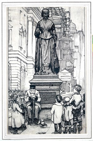 view The statue of Florence Nightingale in Waterloo Place, Westminster, with a veteran of the Crimean War and children. Drawing by John Byam Shaw.