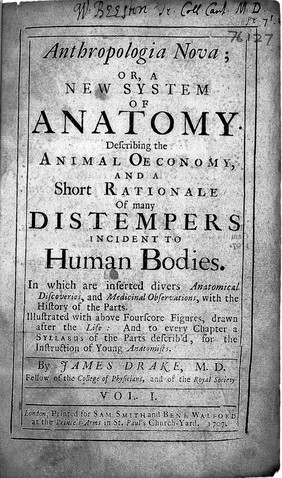 Anthropologia nova, or, a new system of anatomy. Describing the animal oeconomy, and a short rationale of many distempers incident to human bodies : in which are inserted divers anatomical discoveries, and medicinal observations, with the history of the parts illustrated with above fourscore figures, drawn after the life and to every chapter a syllabus of the parts describ'd, for the instruction of young anatomists / by James Drake ... [Appendix].