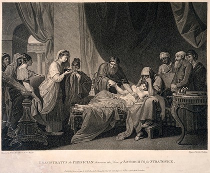 Erasistratus, a physician, realising that Antiochus's (son of Seleucus I) illness is lovesickness for his stepmother Stratonice, by observing that Antiochus's pulse rose whenever he sees her. Stipple engraving by G. Graham, 1793, after B. West.