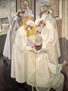 A surgical operation. Oil painting by Reginald Brill, 1934-1935.