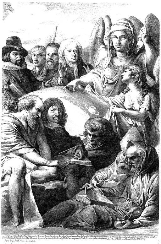 An archangel revealing the physical nature of the universe to a group of natural philosophers and mathematicians. Etching by James Barry, 1795, after his painting.