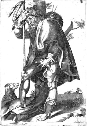 view Saint Roch with his dog, indicating a plague bubo on his groin. Line engraving by PL after B. Passarotti, ca. 1580.