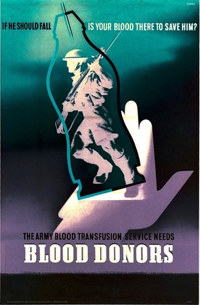 A soldier within a blood-flask, referring to the army's need of blood-donations. Colour lithograph after Abram Games, 1943.