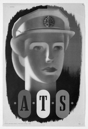 Head of a woman soldier, a member of the ATS (Auxiliary Territorial Service). Colour lithograph after Abram Games, 1944.