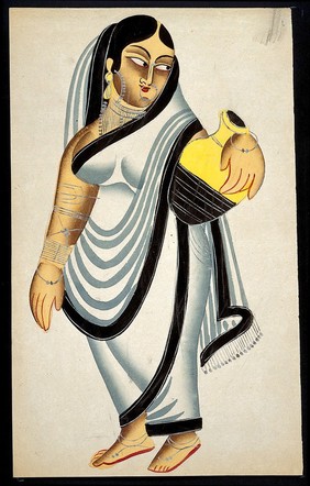 A woman holding a pitcher. Watercolour.