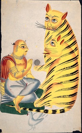 A holy man with two tigers. Watercolour drawing, 186- (?).