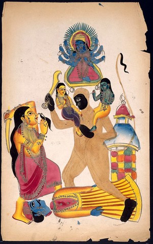 view Hanuman holding Rama and Laksmana fighting with Sarupnakha. Watercolour drawing.