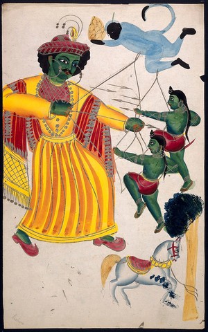 view Rama fighting with his sons with the help of Hanuman over a horse sacrifice. Watercolour drawing.