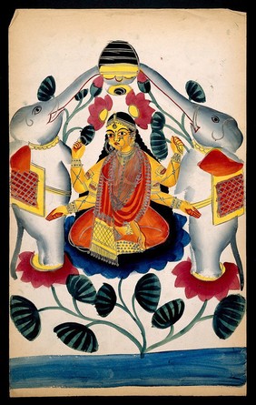 Lakshmi lustrated by two elephants. Watercolour, 18--.