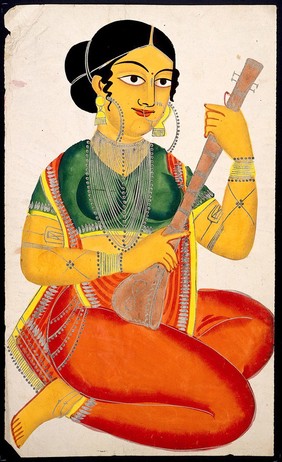 A seated courtesan playing a sitar. Watercolour drawing.