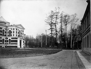 view The buildings of the Chemistry Department (left) and the Physiology Department (right), Imperial Institute of Experimental Medicine, St Petersburg. Photograph, 1904.