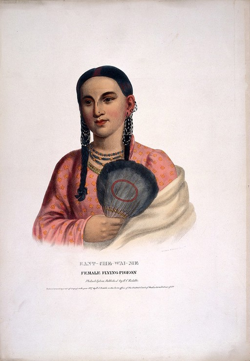 Rant-Che-Wai-Me Female Flying Pigeon, with plaits wearing a pink dress with flower decor and shawl, necklaces and holding a feather fan.