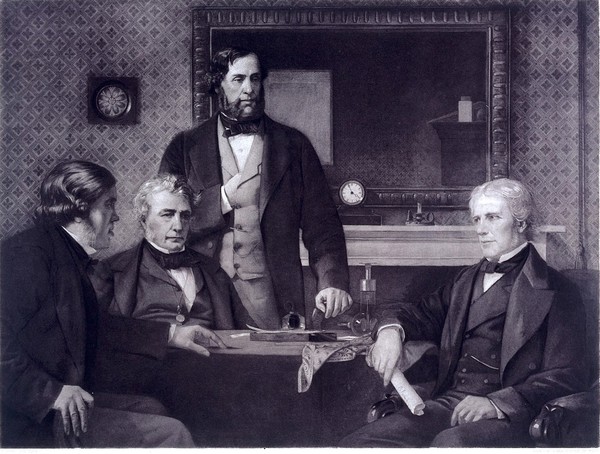 Three Fellows of the Royal Society offering the presidency of the Society to Michael Faraday in 1857. Photogravure by Hanfstaengl after E. Armitage.
