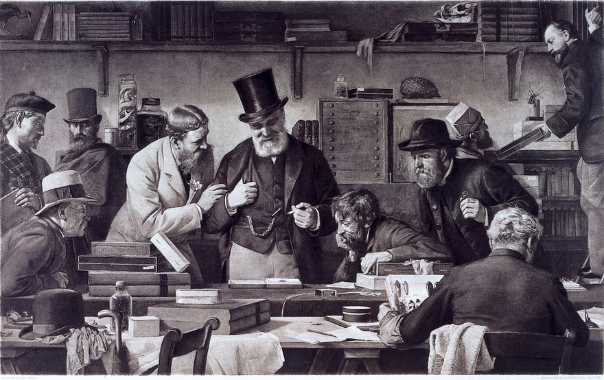 Buyers collecting their purchases after a sale of insects. Photogravure by Hanfstaengl after E. Armitage.