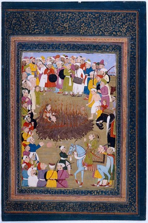 view A Hindu princess committing suttee against the wishes of the Emperor Akbar but with his reluctant consent. Gouache.