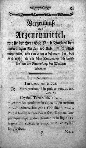 Eine geheime Handschrift der Herrn Suttons, und raisonnirende Erläuterung der Mittel, welche sie sich bey der Einimpfung der Blattern bedienen ... / aus dem Französischen übersetzt und mit einem Anhang begleitet, welcher das Tagebuch von den Einimpfungsversuchen enthält, welche ... durch den Herrn Geh. Rath Baylies, and vier und zwanzig Kindern in dem grossen Friedrichshospital zu Berlin ... sind angestellt worden.