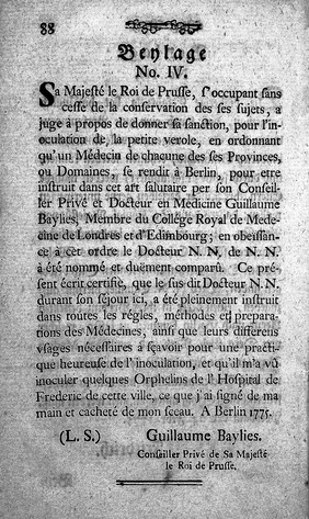 Eine geheime Handschrift der Herrn Suttons, und raisonnirende Erläuterung der Mittel, welche sie sich bey der Einimpfung der Blattern bedienen ... / aus dem Französischen übersetzt und mit einem Anhang begleitet, welcher das Tagebuch von den Einimpfungsversuchen enthält, welche ... durch den Herrn Geh. Rath Baylies, and vier und zwanzig Kindern in dem grossen Friedrichshospital zu Berlin ... sind angestellt worden.