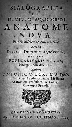 De ductu salivali novo, saliva, ductibus oculorum aquosis, et humore oculi aqueo / [Anton Nuck].
