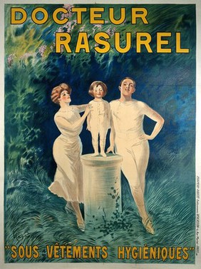 A family demonstrating underclothes sold by "Docteur Rasurel". Colour lithograph by L. Cappiello, 1911.