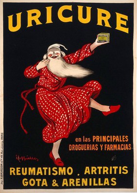 An old man in night-clothes holding up a box of "Uricure" pills as an advertisement for their efficacy against rheumatic diseases. Coloured lithograph by L. Cappiello, ca. 1910.