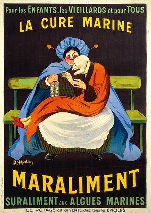 view A nursemaid (?) holding a senile man in her lap and feeding him with "Maraliment", a proprietary seaweed soup. Colour lithograph by L. Cappiello, 1920.