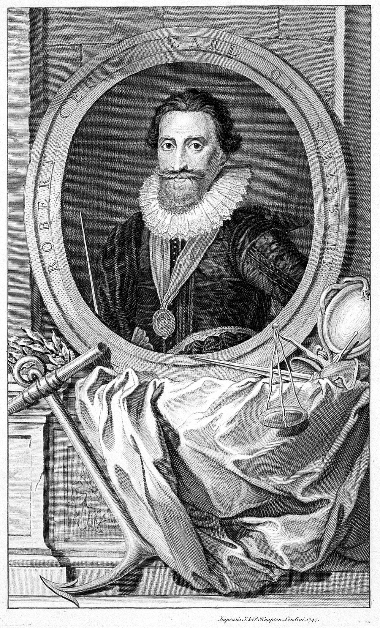 Robert Cecil, 1st Earl of Salisbury (1563?-1612). Engraving by Jacobus Houbraken after John de Critz., 1747, by John de Critz