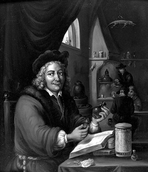 view An alchemist in his laboratory. Oil painting attributed to a Bavarian painter, 18/19th century, after David Teniers the younger.