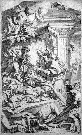 Saint Carlo Borromeo administering communion to plague victims. Etching by C. Carlone.