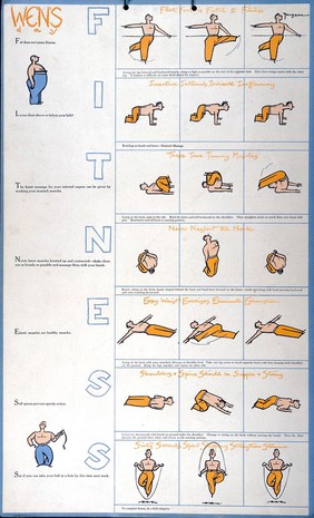 Physical exercises recommended for Wednesday (recto) and Saturday (verso). Colour process print after Fougasse.