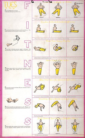 Physical exercises recommended for Tuesday (recto) and Thursday (verso). Colour process print after Fougasse.