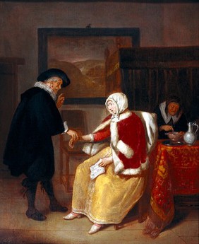 A physician taking the pulse of a young woman, while an old maid prepares gruel for her. Oil painting by Quirin Gerritsz. van Brekelenkam.